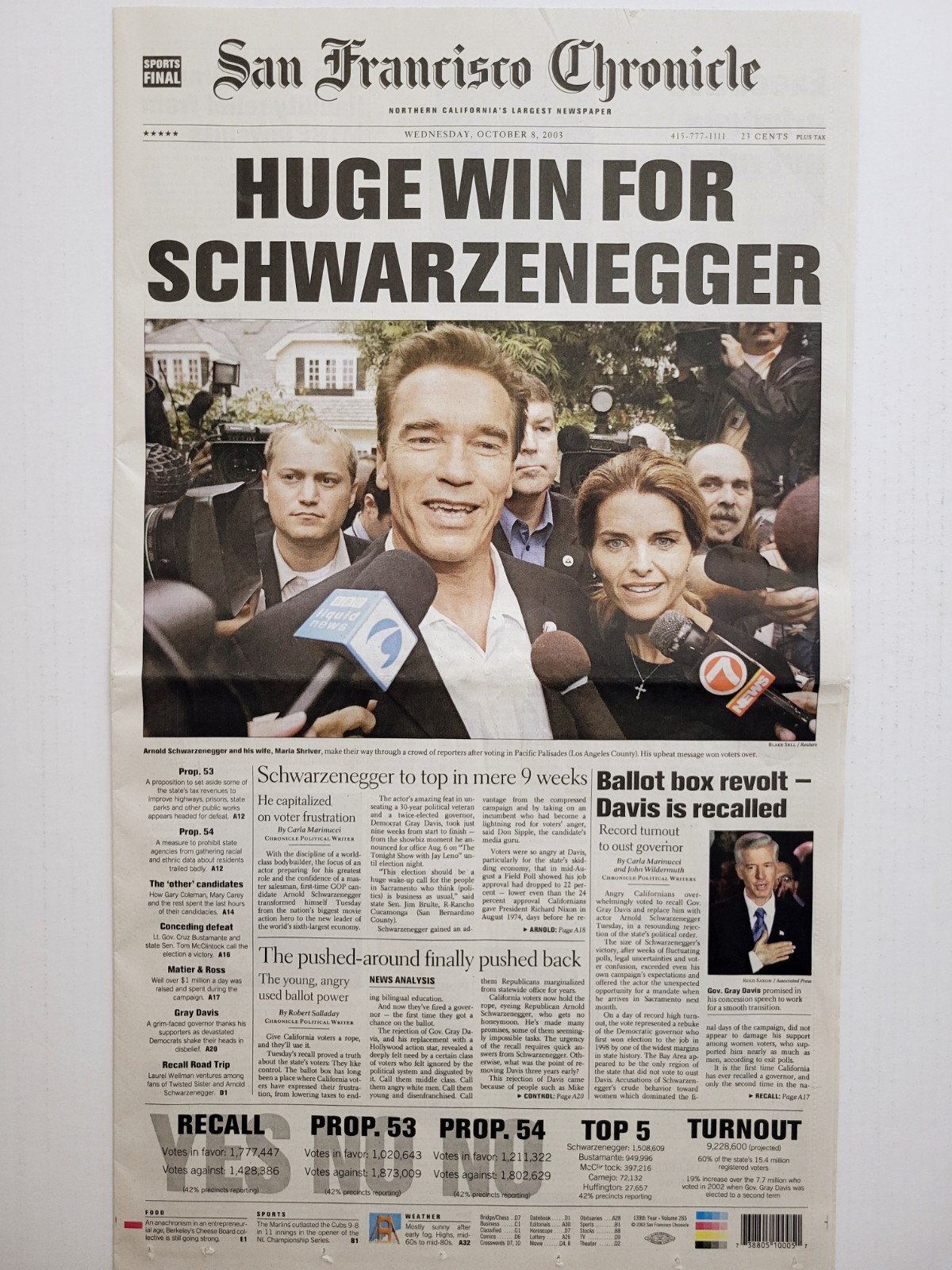 2003 Oct 8: SF Chronicle ARNOLD SCHWARZENEGGER Wins Elected California Governor