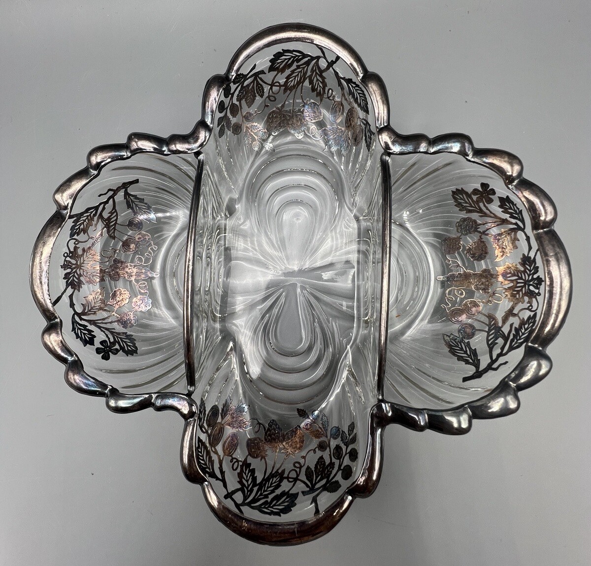 Vintage Divided Candy Dish Glass & Silver Stencil Trinket Dish Heavy Silver Edge