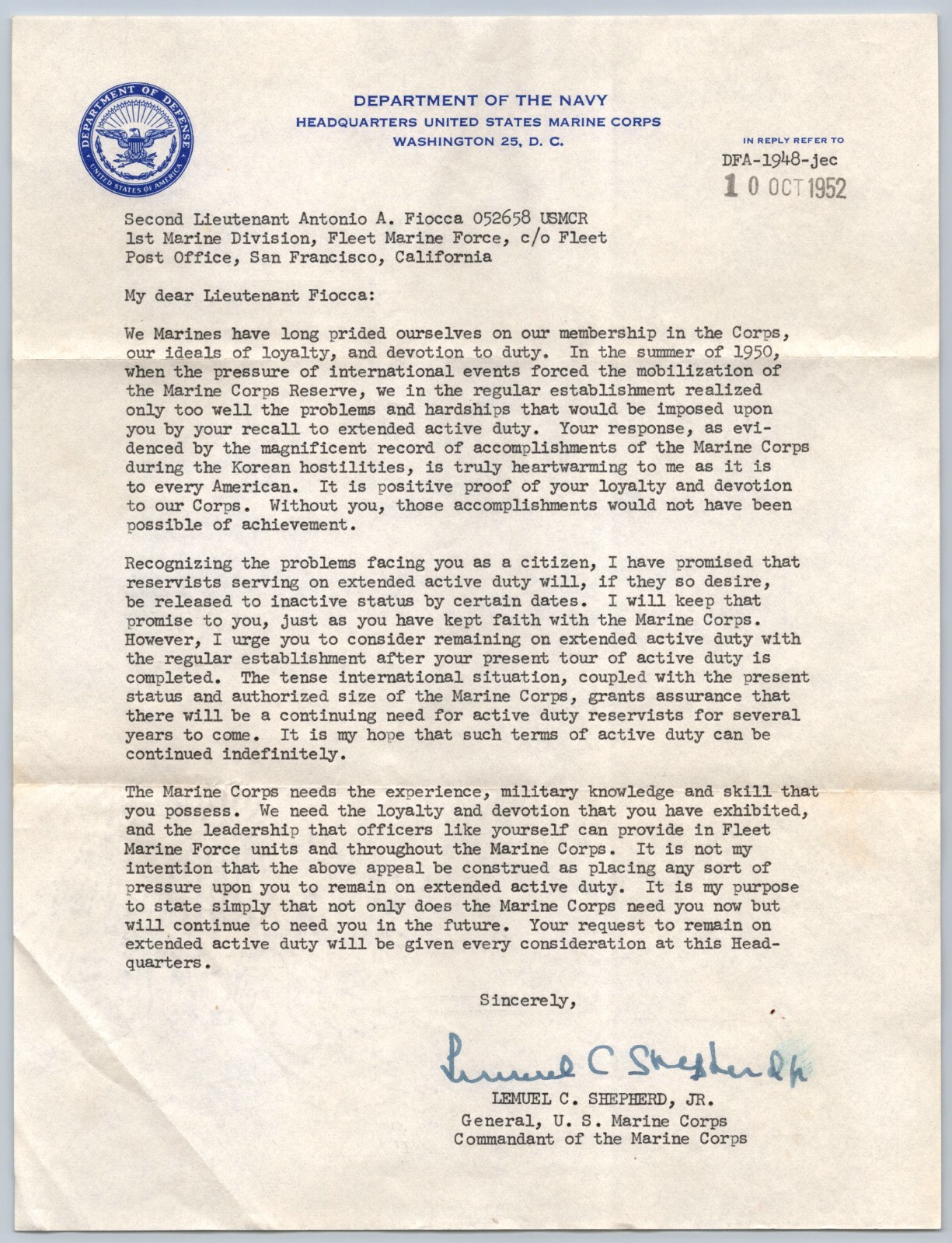 SIGNED LETTER GENERAL LEMUEL C SHEPHERD JR 1952 KOREAN WAR URGING ACTIVE DUTY