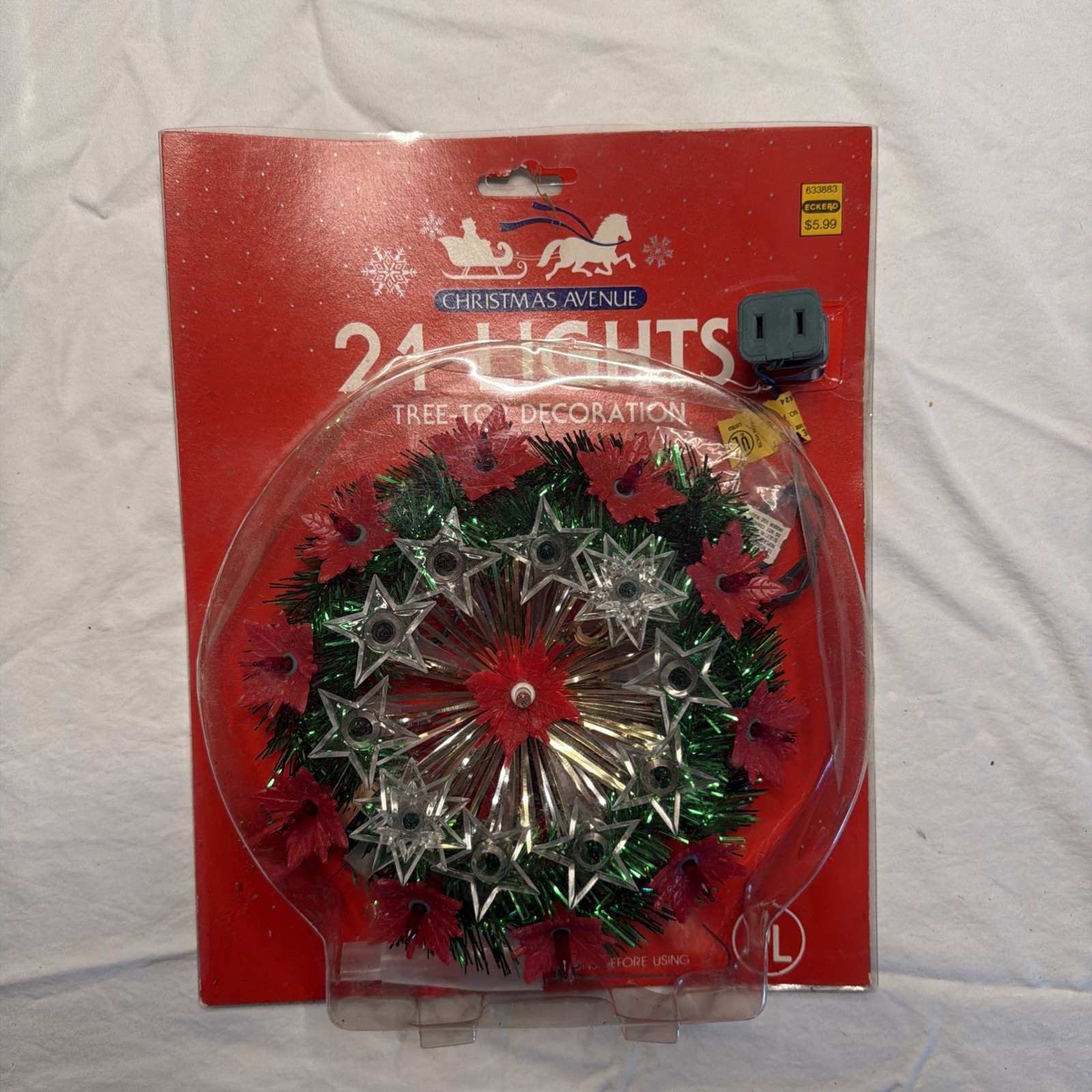 Vintage Green Tinsel Poinsettia Light Christmas Tree Wall Wreath 8” NOS #355