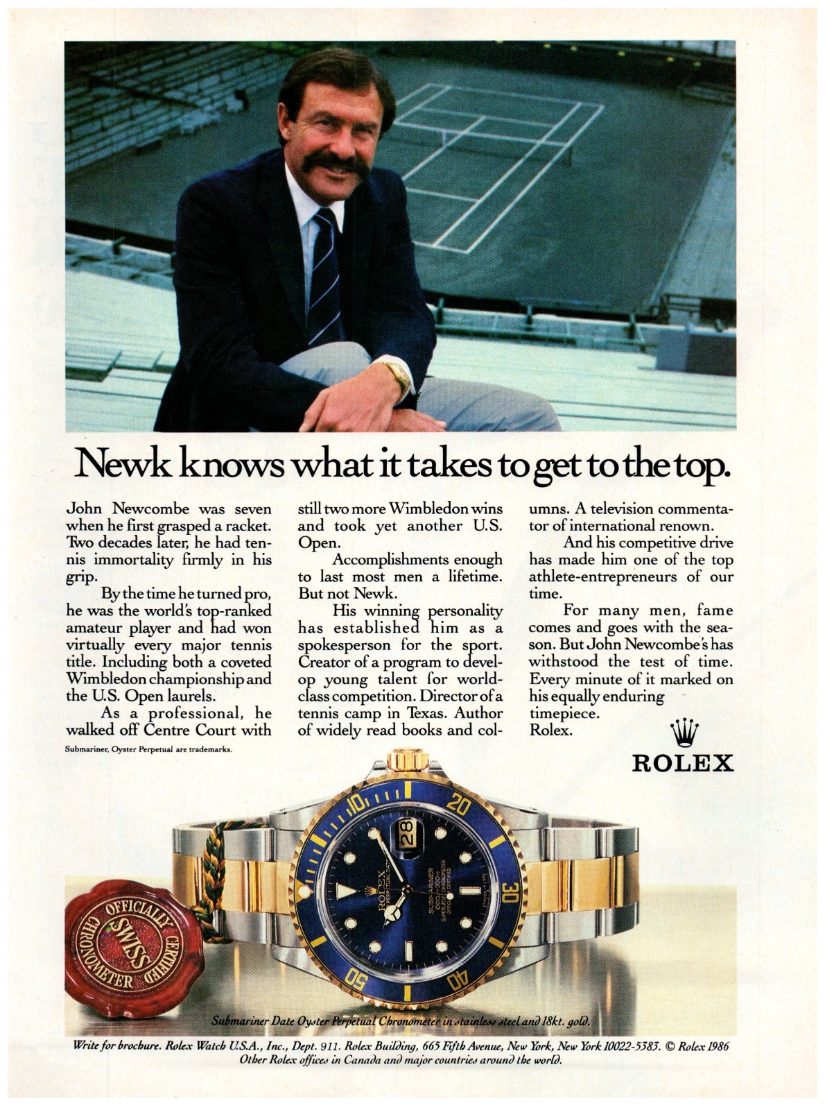PRINT AD, 1986 Rolex Submariner Date Oyster John Newcombe Wimbledon Tennis Pro