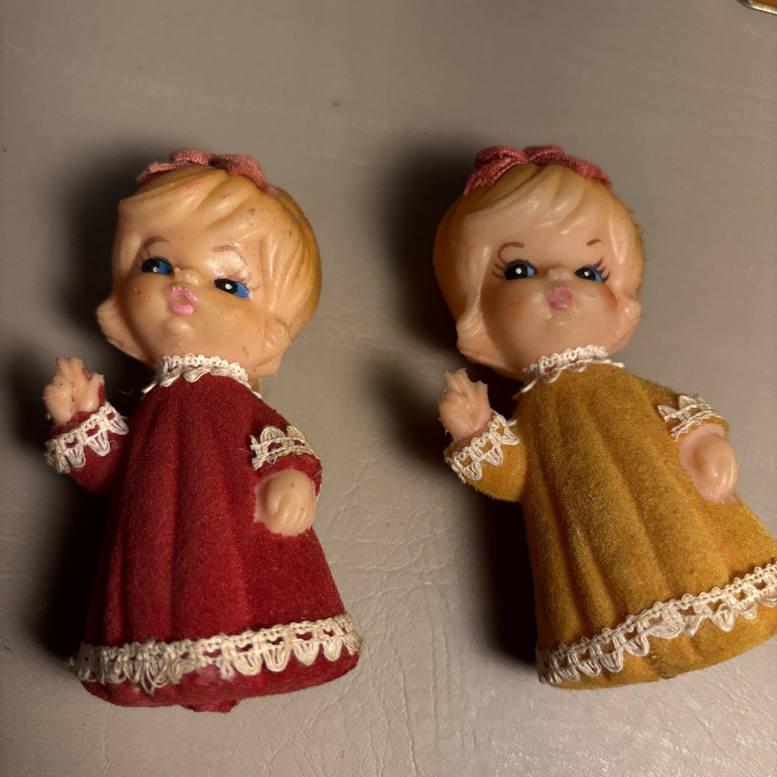 Pair ofVtg Christmas Ornament Plastic Doll Angels Gold and Red NO Wings Soft Bow