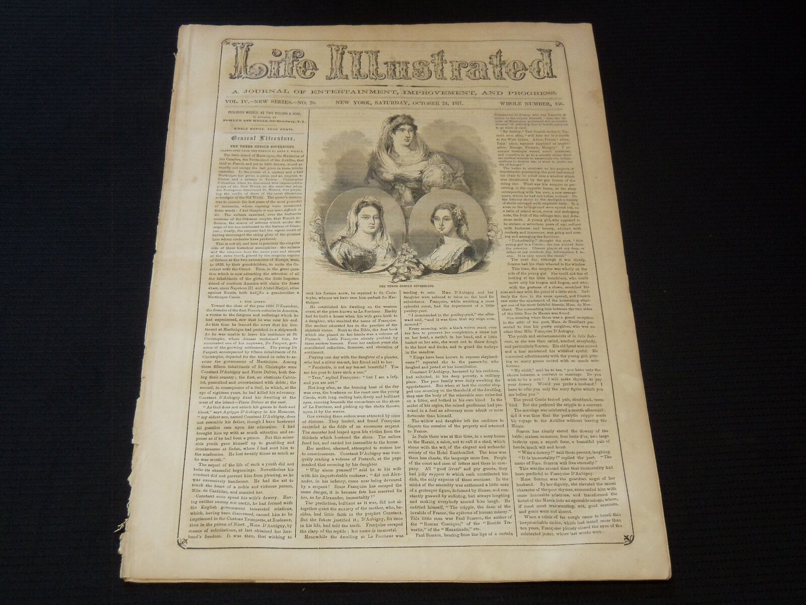 1857 OCTOBER 24 LIFE ILLUSTRATED NEWSPAPER - THREE CREOLE SOVERIGNS - NP 5913
