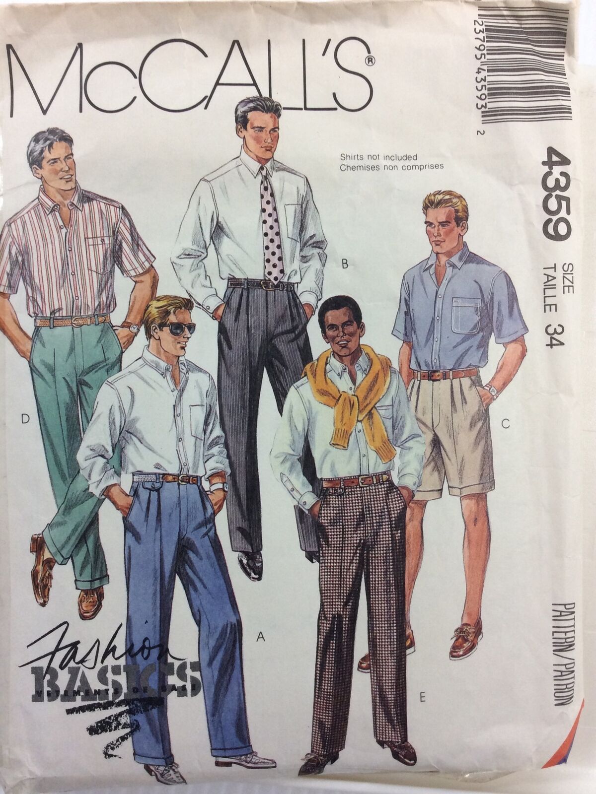 1989 McCalls 4359 VTG Sewing Pattern Mens Pleated Pants Shorts Size 34