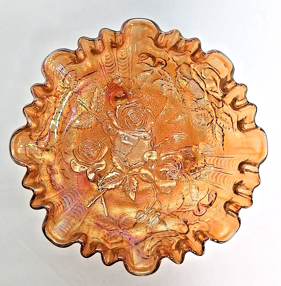 Vintage Imperial Marigold Carnival Glass 3 Footed Roses Pattern Ruffle Edge Bowl