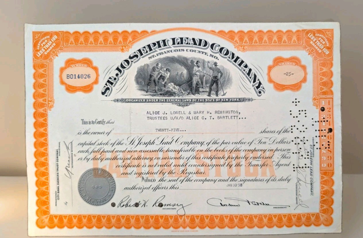 1958 St Joseph Lead Company Stock Certificate 25 Shares Mining Missouri