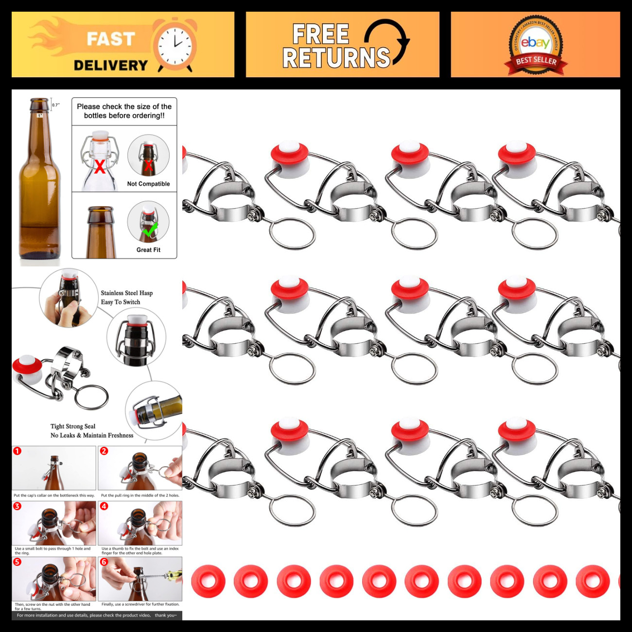 12PCS Swing Top Glass Bottle Caps - Airtight Flip Top Lids for Beverages & Stora