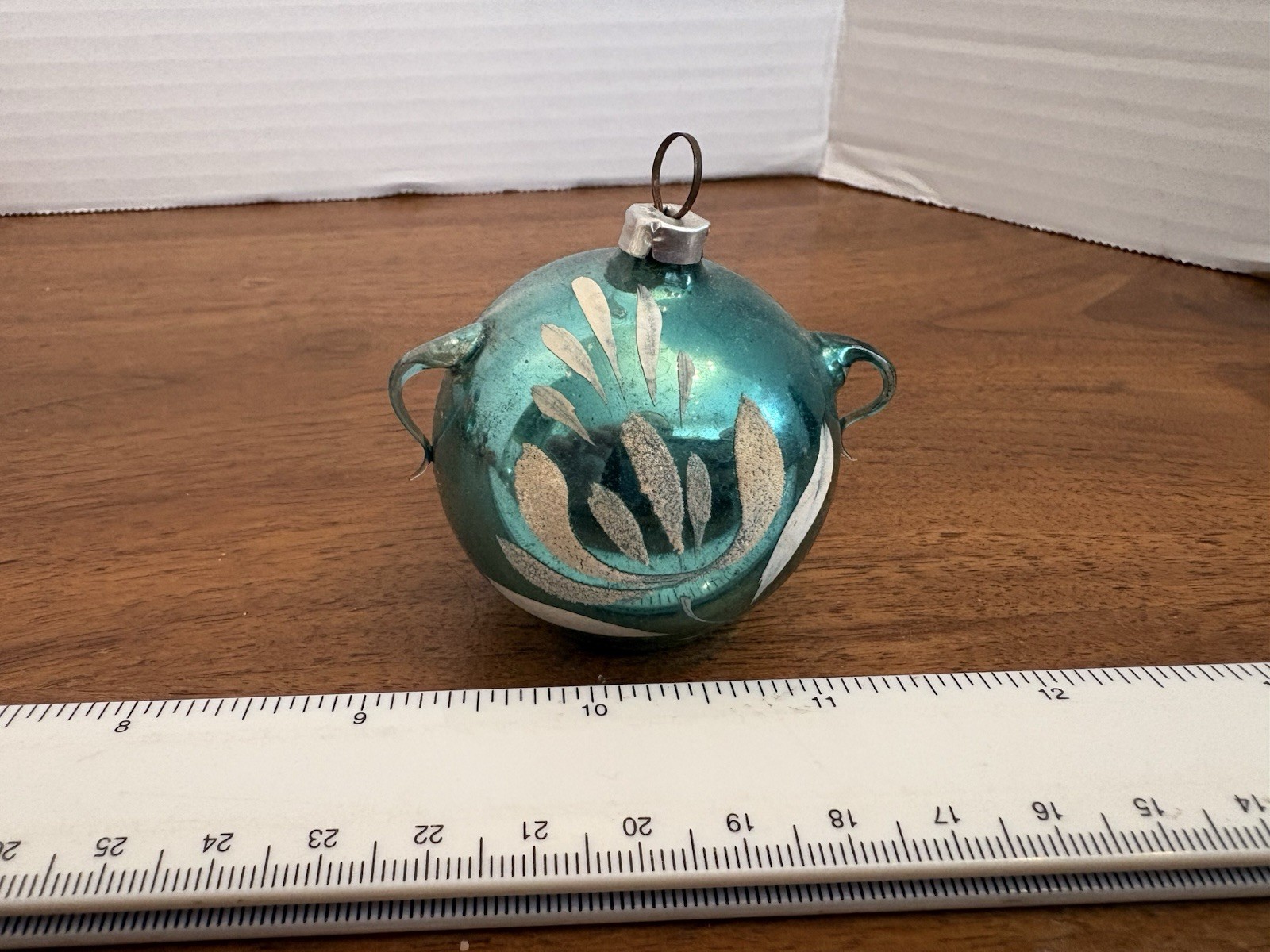 Vintage German Painted Blown Glass Blue Teapot Urn 2” Christmas Ornament