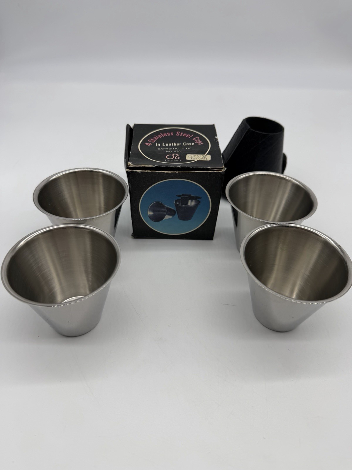 Vintage Comoy’s of London 4 Stainless Steel Nesting Cups in Leather Case 