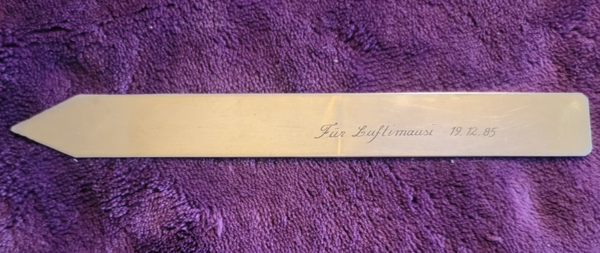 1985 German Steel Engraved Letter Opener ~ Für Luftimausi ~ Cold War-Era Gift 7\