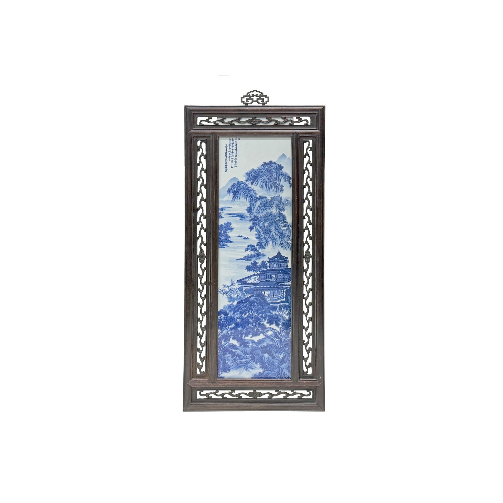 Oriental Blue White Tree Mountain Scenery Porcelain Framed Wall Panel Art GB865