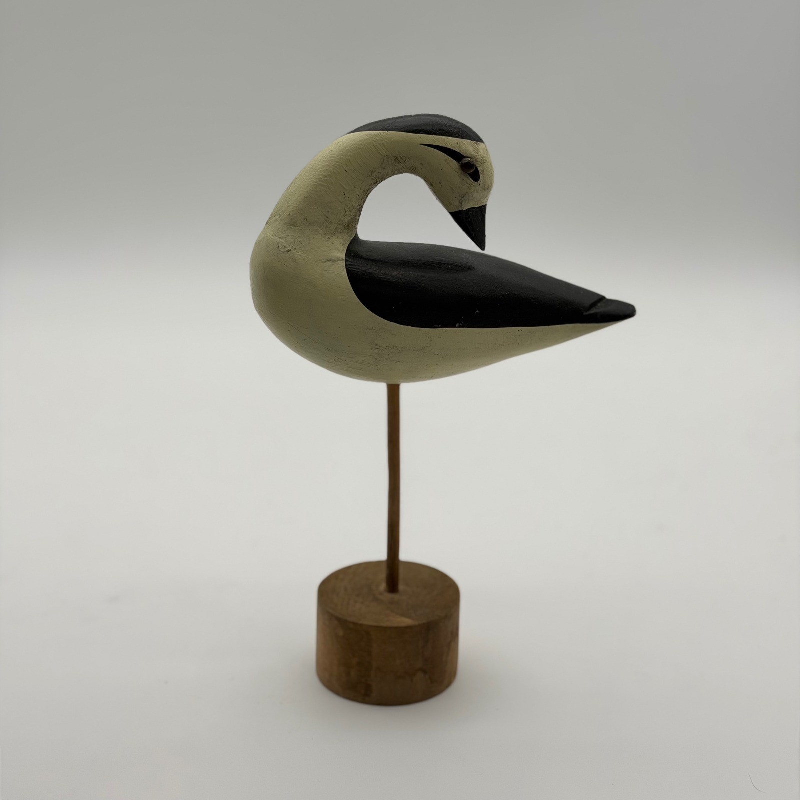 Vintage Hand Painted Wooden Shorebird Decoy on Stand Black Cream Folk Art