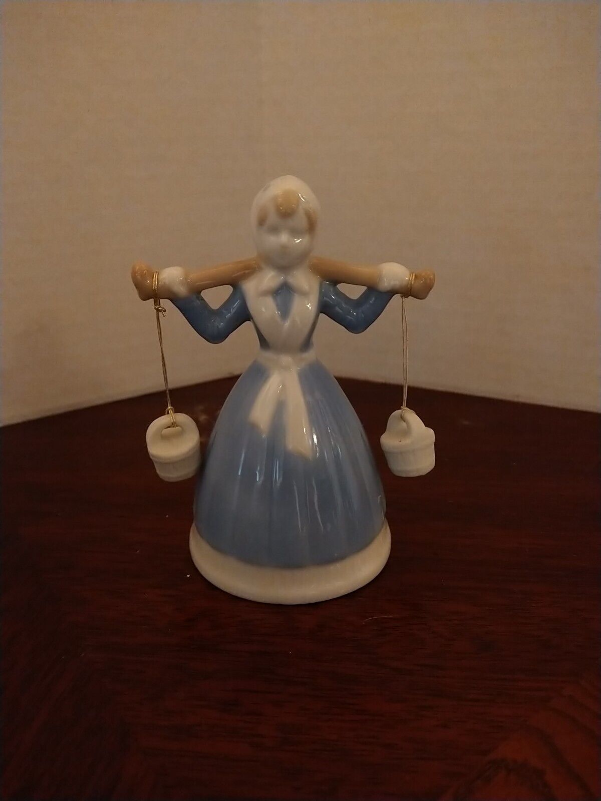 Vintage Porcelian Milk Maid Bell Blue And White With Buckets