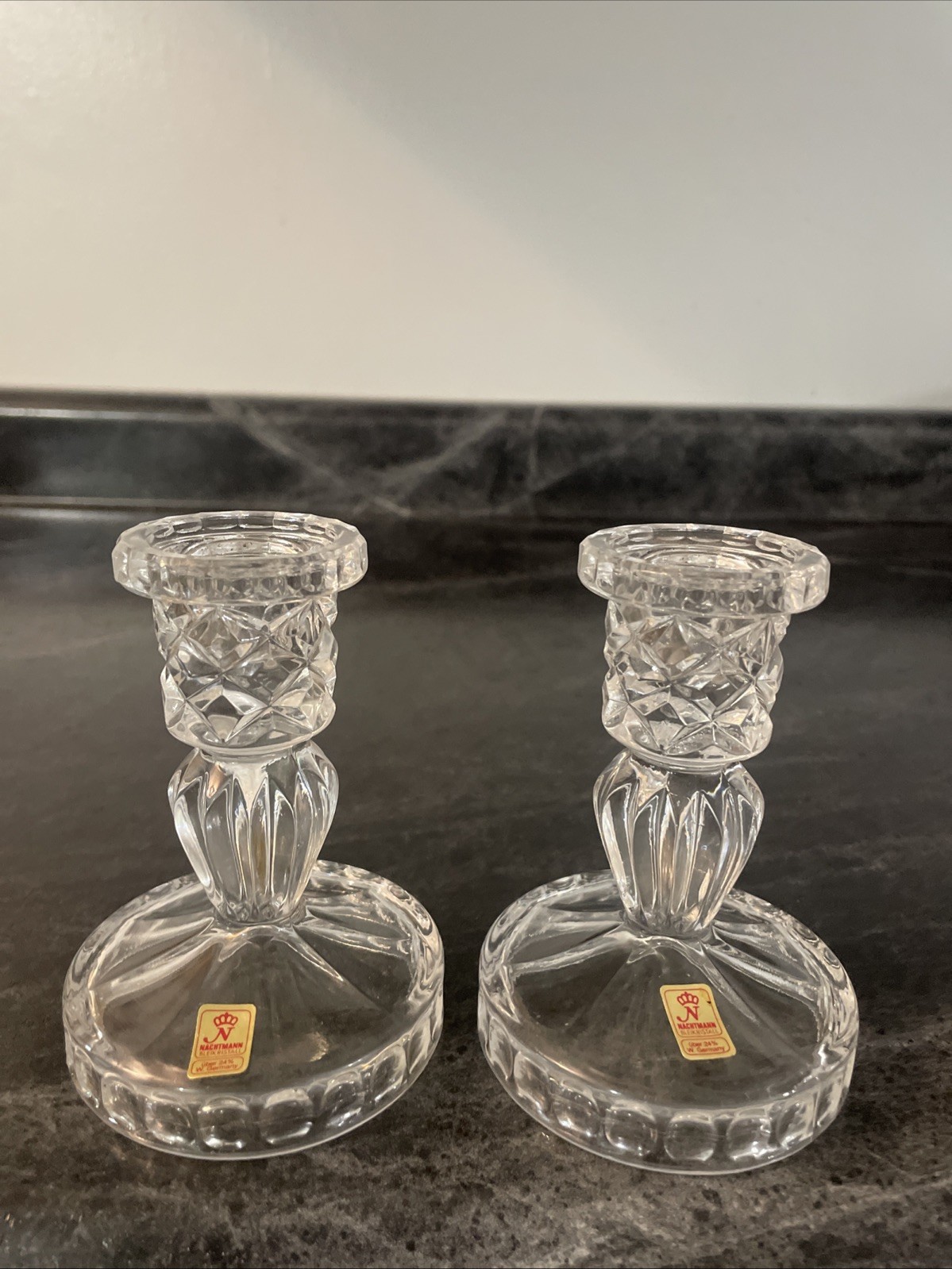 2 Nachtmann Bleikristall Crystal Taper Candlesticks Bavarian W German MCM Set