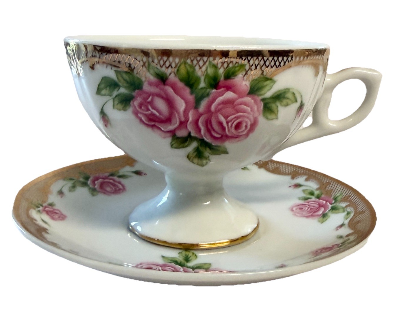 Lefton VTG Footed Demitasse Cup & Saucer Bone China Roses Gold Trim Hand-painted