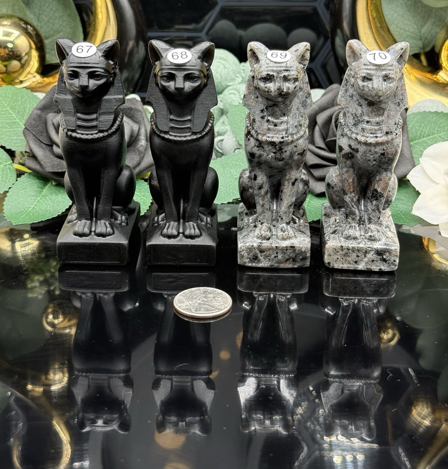 Natural Black Obsidian or Emberlite Egyptian Cat Goddess Bastet Statue 
