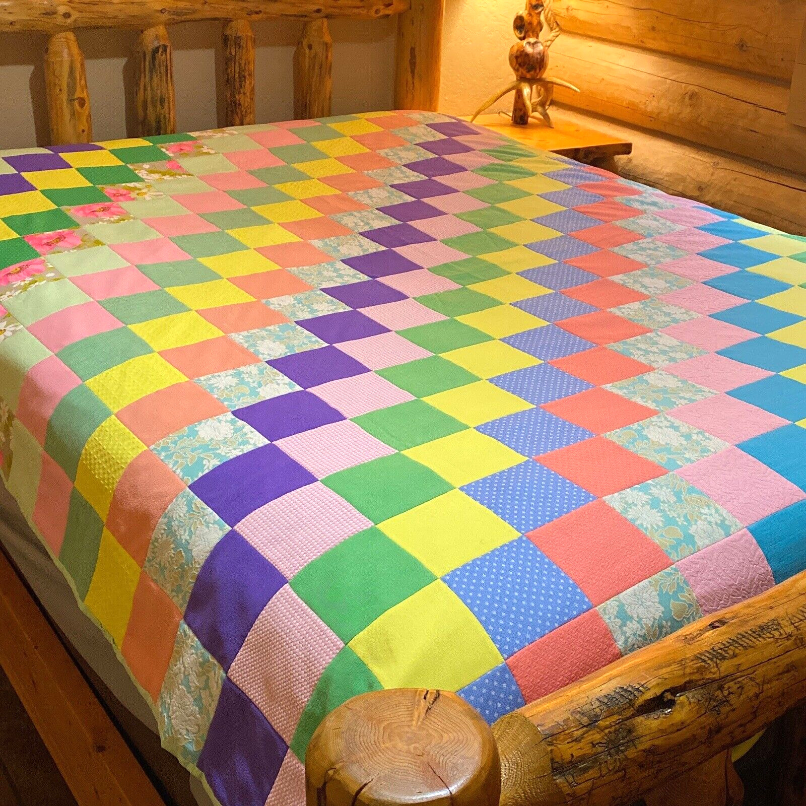 VTG Handmade Patchwork Quilt Squares Polyester Crazy Bright Grandma Boho 92 x 76