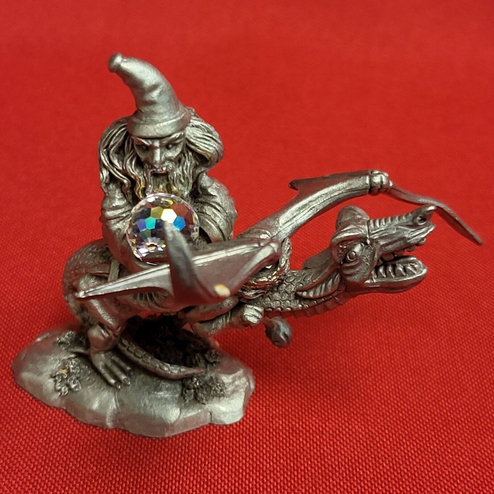 VTG Spoontiques Pewter Miniature Wizard Holding Swarovski Crystal Riding Dragon
