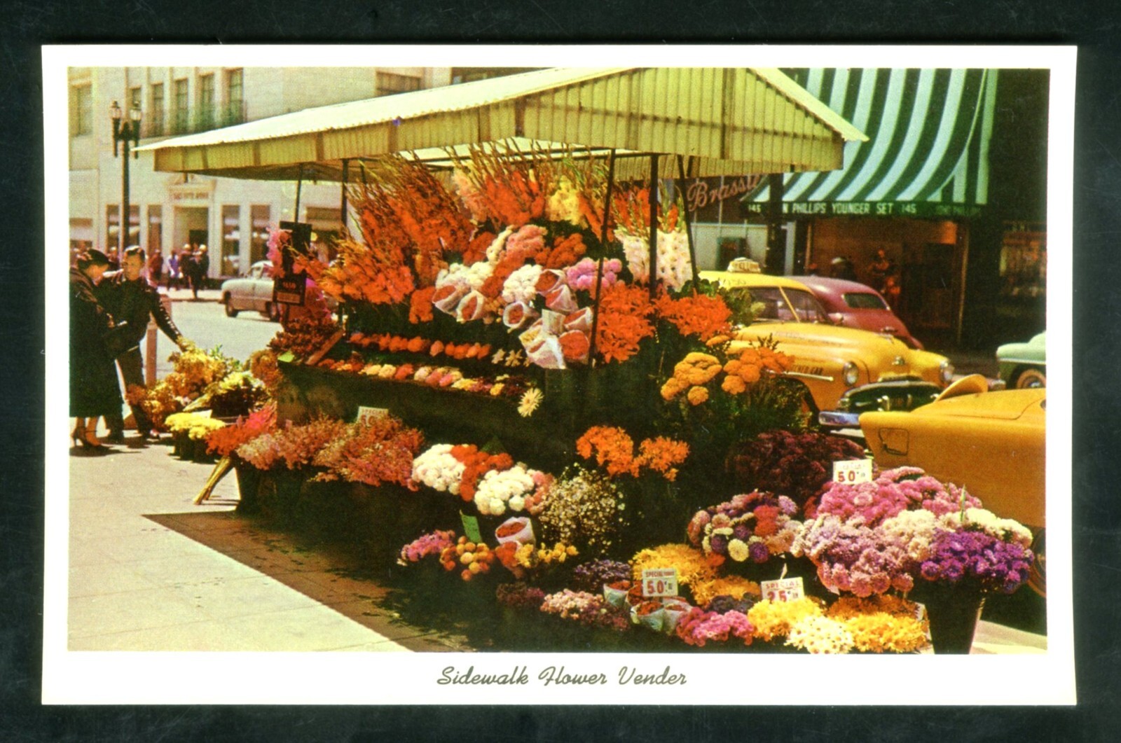 c.1950s SAN FRANCISCO SIDEWALK FLOWER STAND VENDER~ORIGINAL UNUSED POSTCARD