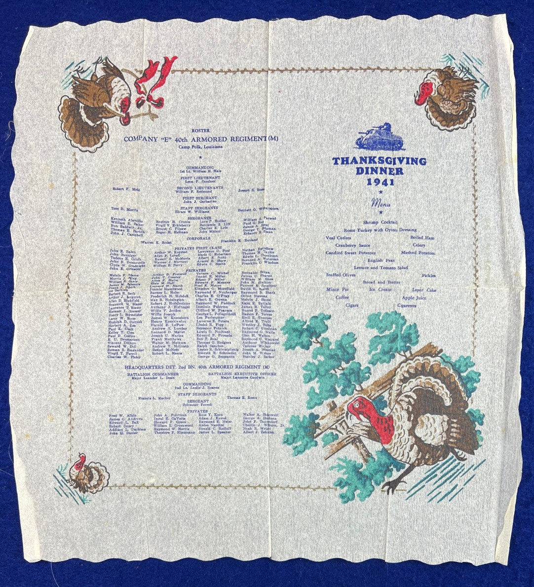 1941 WWII Third Armored Regiment Camp Polk Thanksgiving Placemat Menu Roster