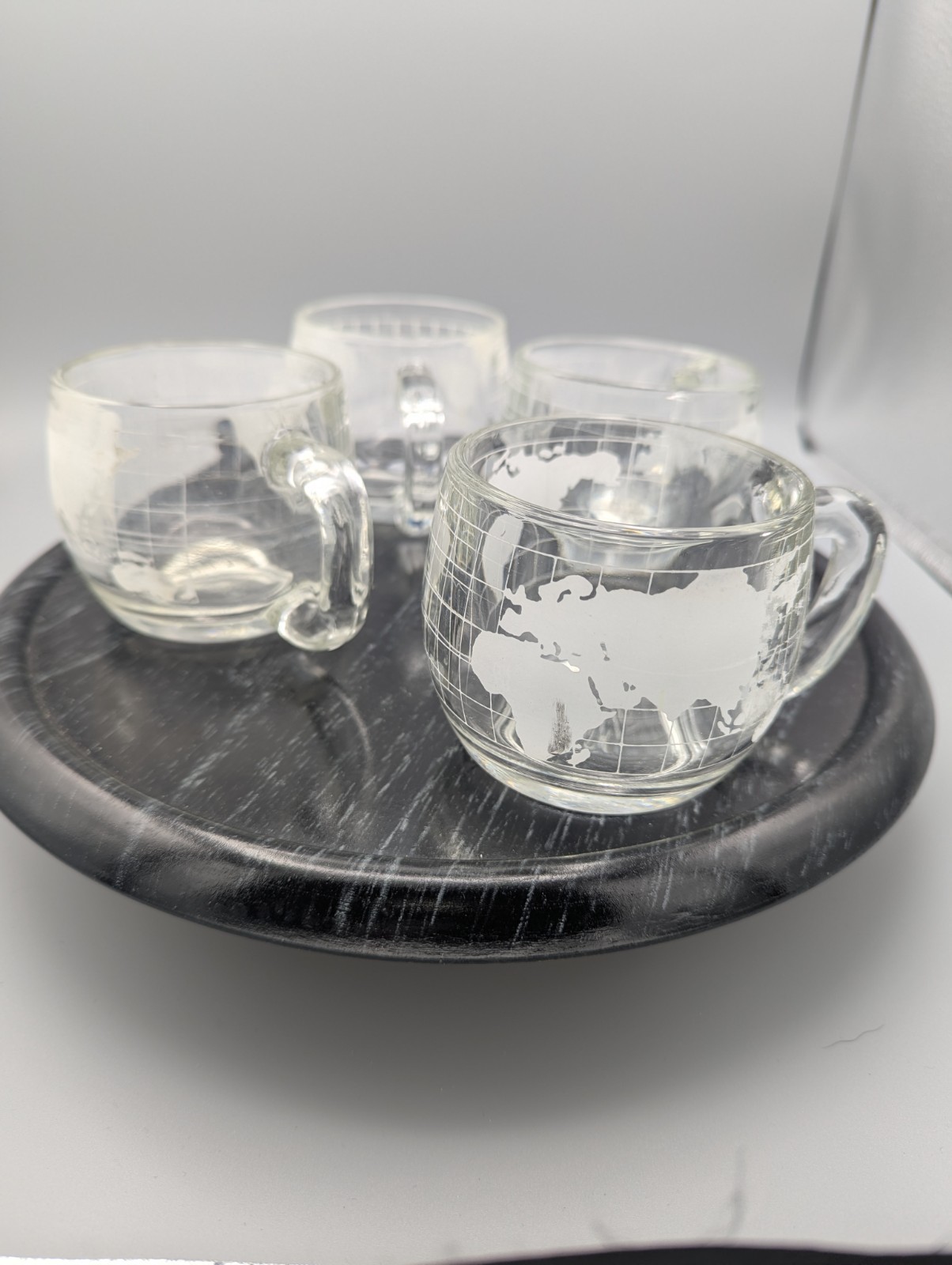 4 Vintage NESTLE NESCAFE Etched Clear Glass World Globe Map Coffee Mugs/Cups