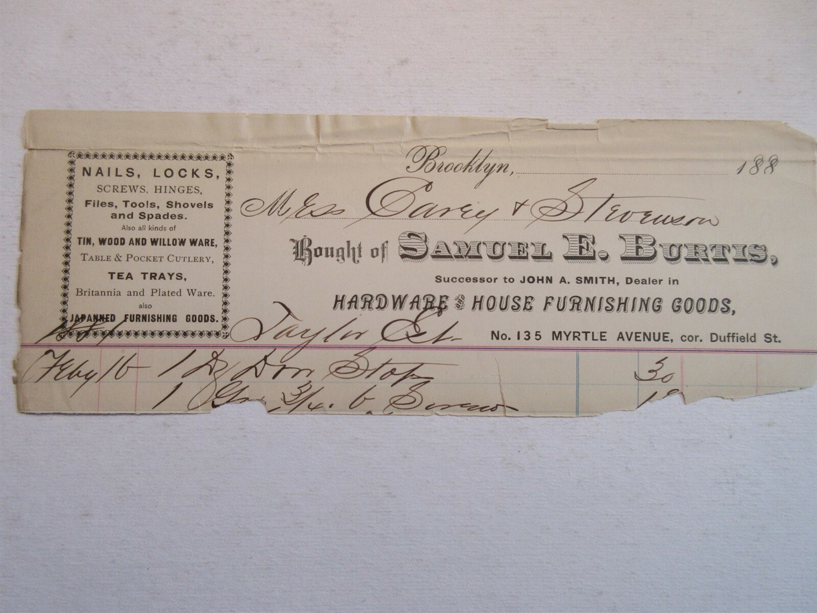 1880's Samuel E. Burtis Hardware & House Furnishings bill Myrtle Brooklyn NY