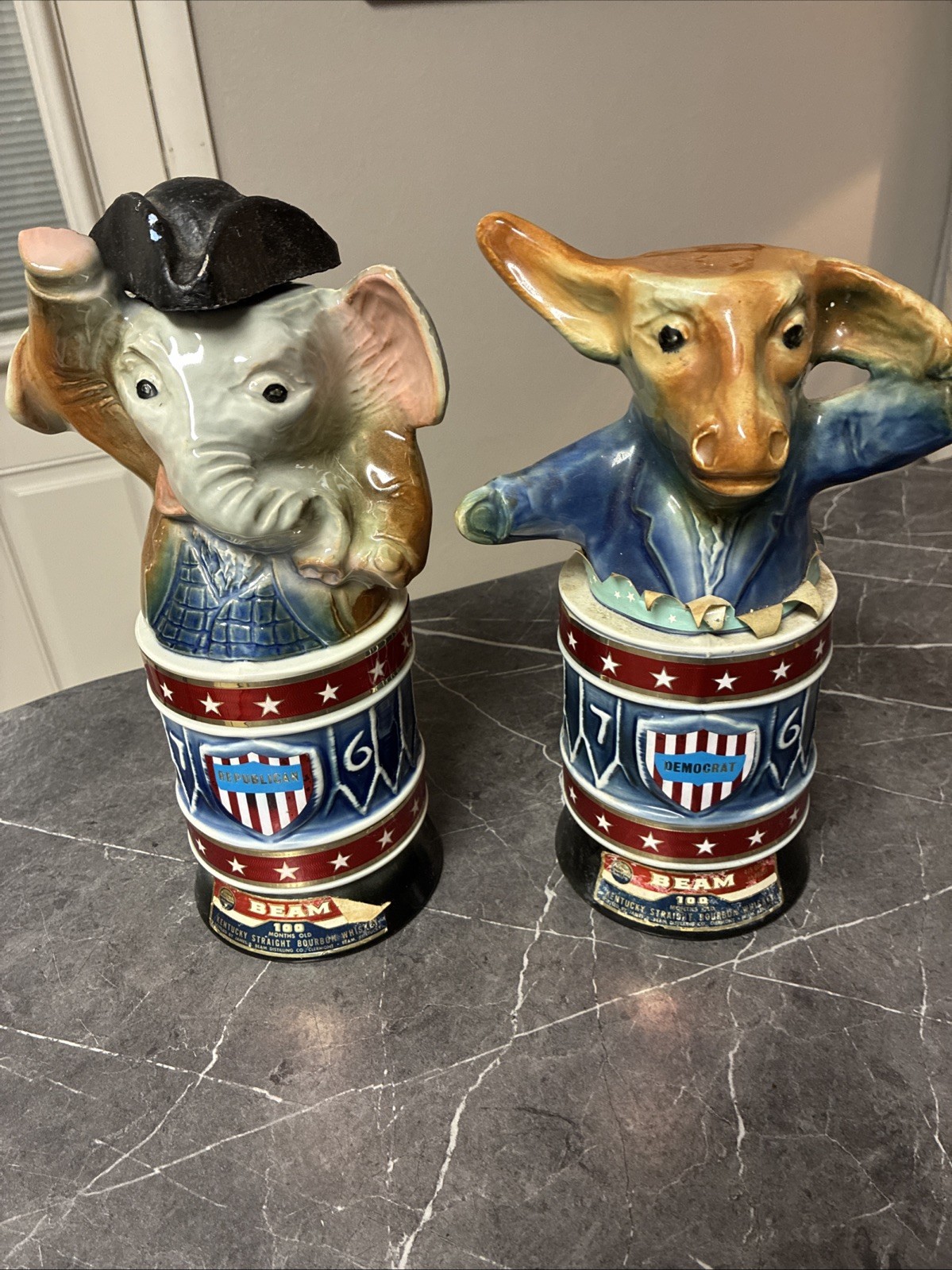 VTG 1976 Jim Beam Decanter Set Democrat Donkey & Republican Elephant USED Bar