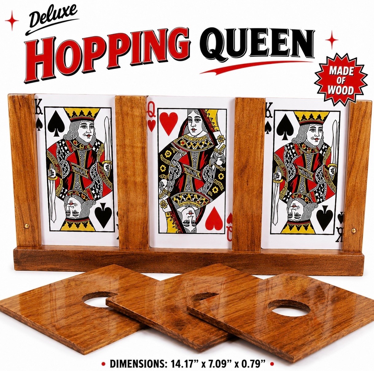Deluxe HOPPING QUEEN Stage Magic Trick Wood Frame Find The Jumbo 3 Card Monte