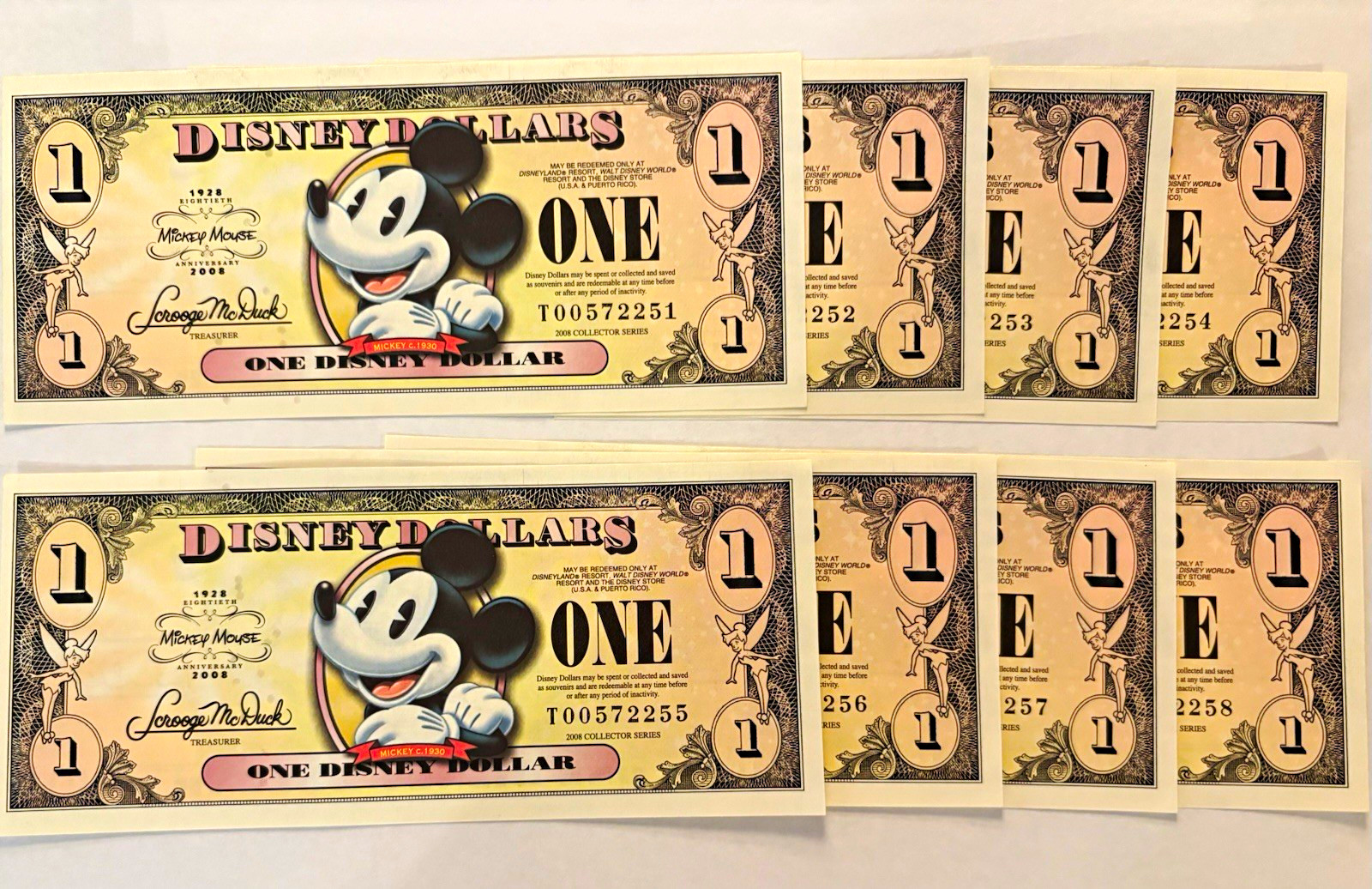 Disney Mickey Mouse $1 Disney Dollars Notes, 80th Anniversary, 2008 Lot of 8
