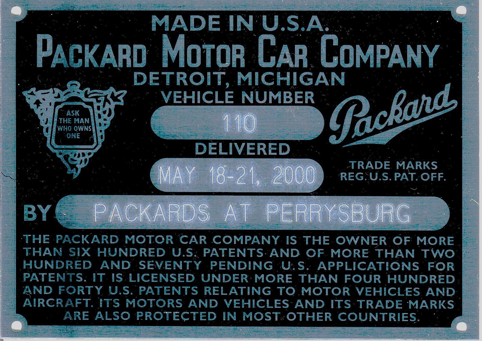 Packards at Perrysburg Dash Plaque Vin Plate Engine Data Plate 2000