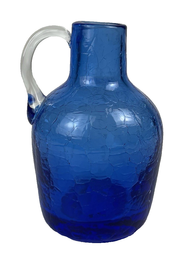 Vintage Cobalt Blue Crackle Glass Jug Bud Vase Hand Blown Applied Clear Handle 4