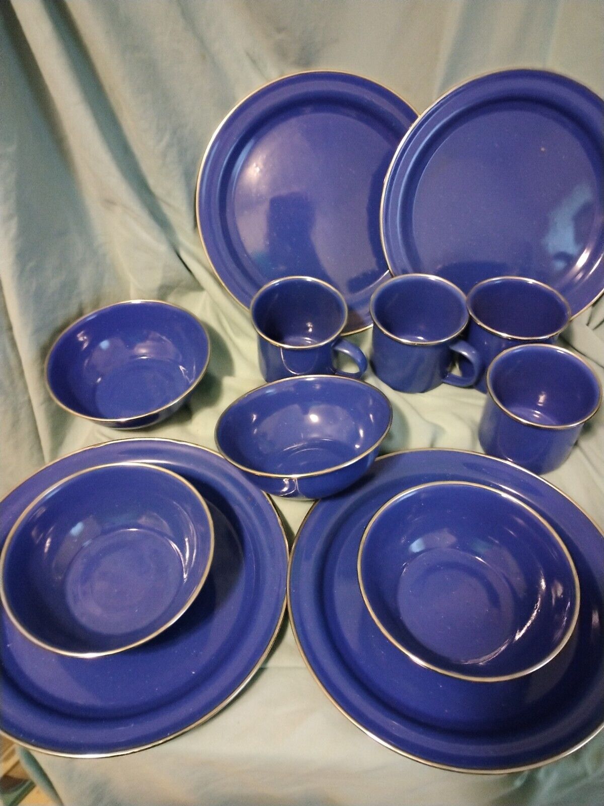 New ENAMELWARE BLUE WHITE SPECKLED METAL CAMPING DISHES-Plates Bowls Cups