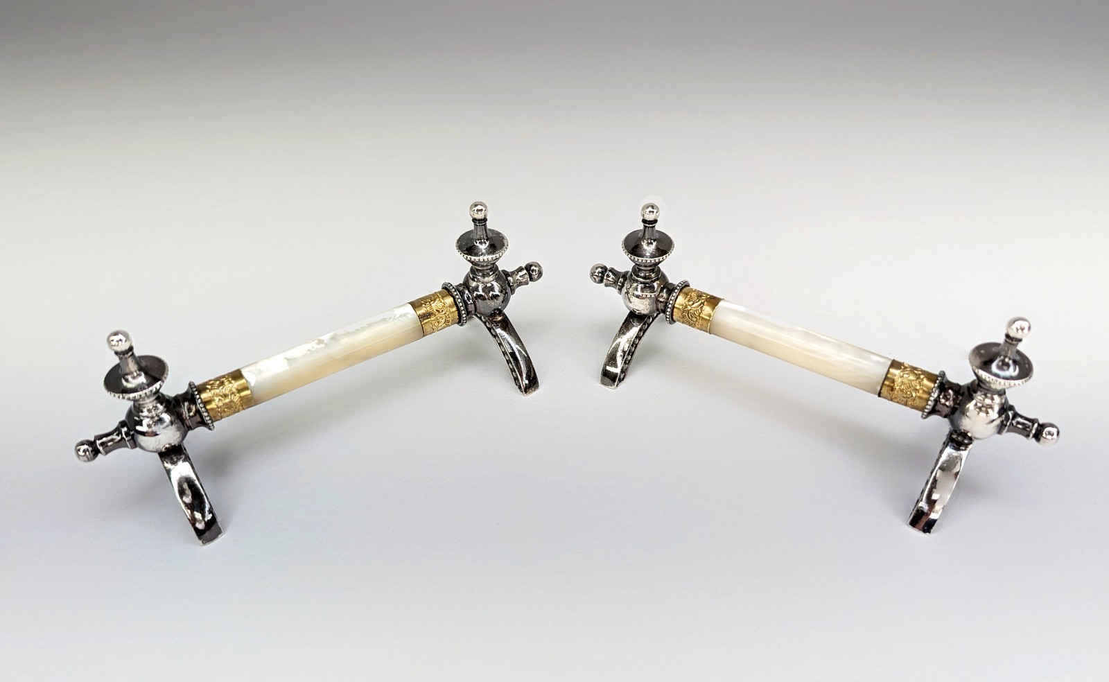 Antique Large Master Knife Rests Pair MOP Silver Plate Brass Victorian Edwardian