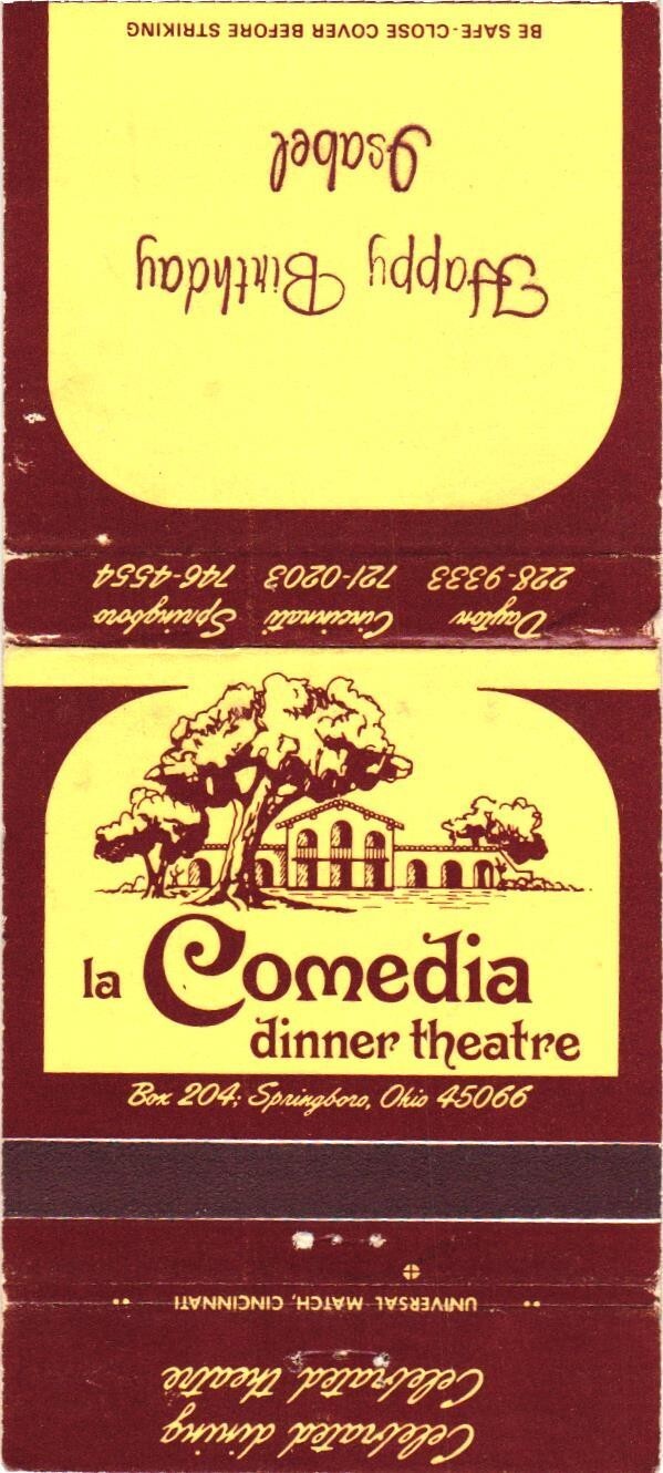 La Comedia Dinner Theatre Springboro OH Vintage Matchbook Cover 1970s