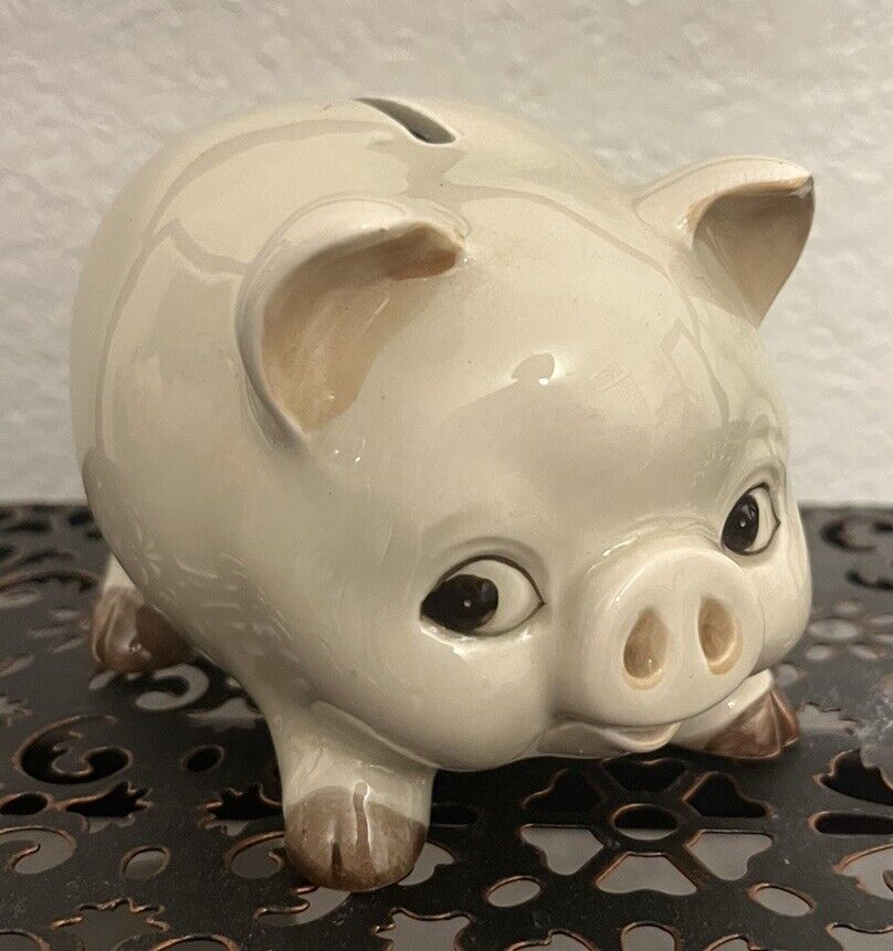Vintage OMC Japan Piggy Bank Otagiri Ceramic with Stopper Pig Handpainted Chips