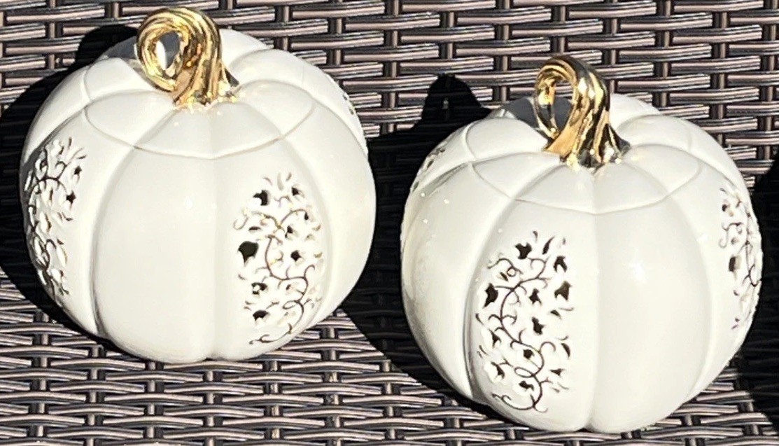 (2) Lenox Pierced Pumpkin Votive Fine Ivory China 24k Gold Accents Luminary 2001