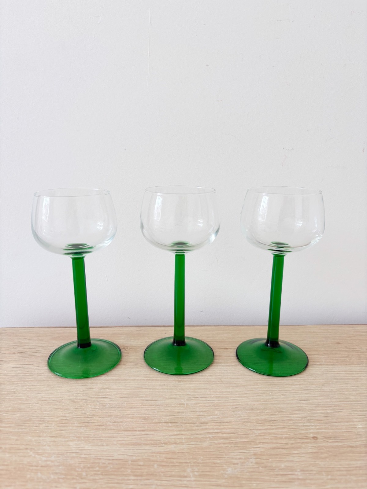 Luminarc Green Stem Hock Wine Glasses Set of 3 Vintage 1970s Retro Glassware