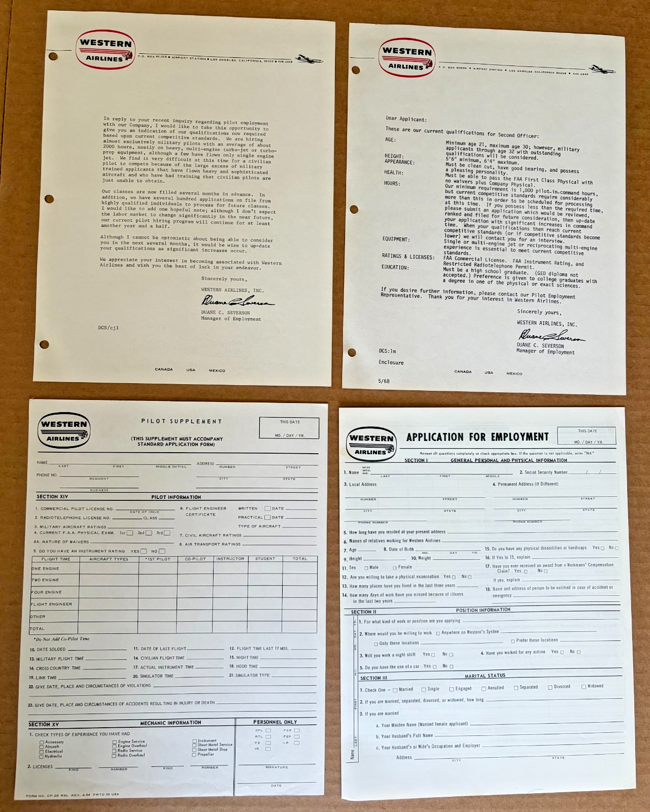 Vintage 1968 Western Airlines Pilot Job Response Letter & Job Application Lot Vintage 1968 Western Airlines Pilot Job Response Letter & Job Application Lot