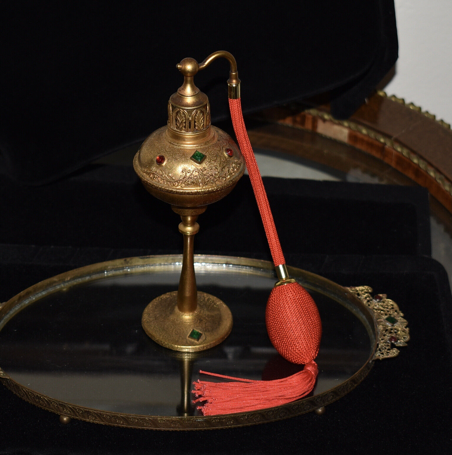 BEAUTIFUL Antique BRASS Ormolu JEWELED PERFUME BOTTLE & Matching VANITY TRAY SET