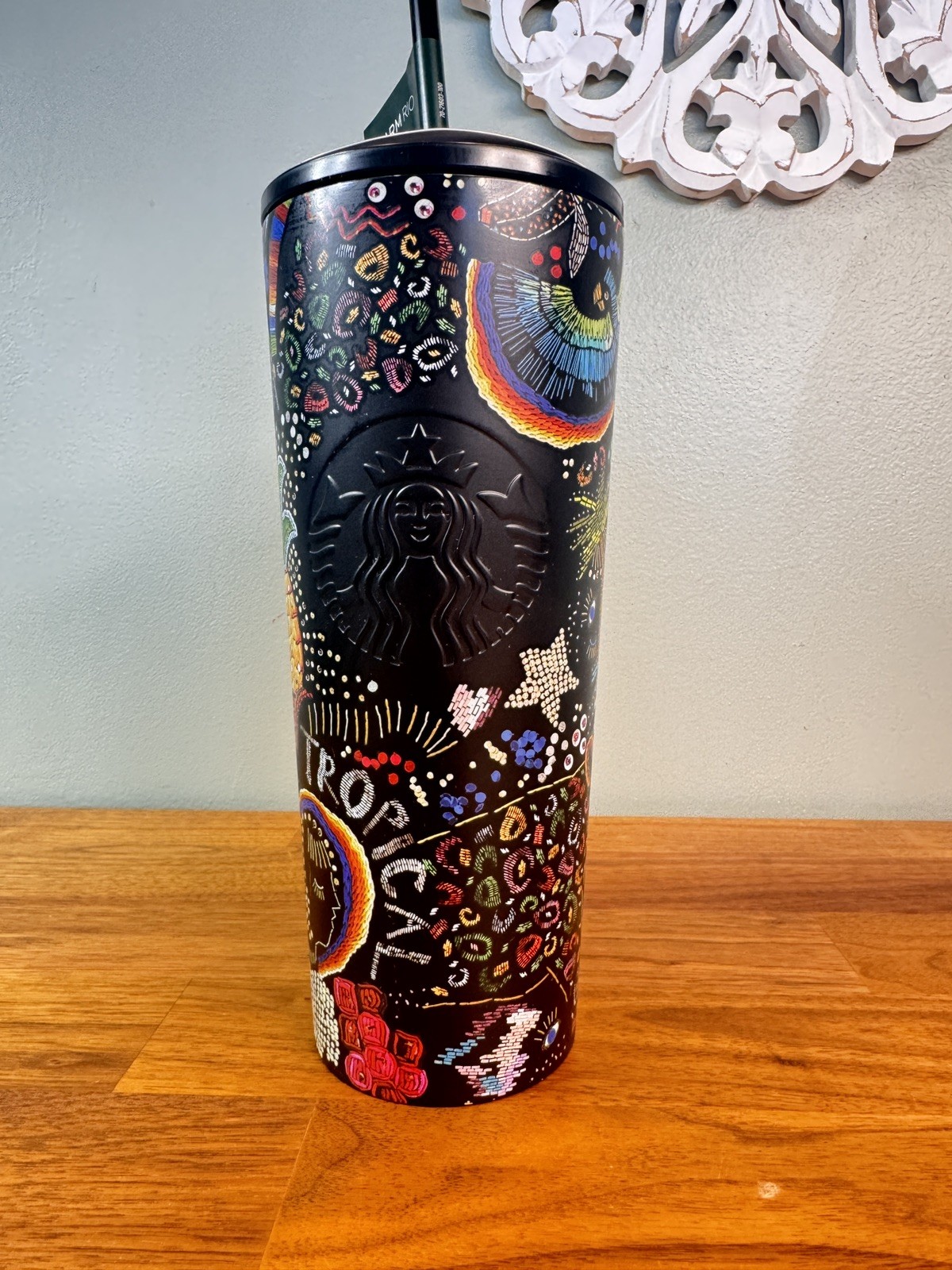 STARBUCKS Farm Rio Summer 2025 Black Rainbow 24oz Cold Cup Tumbler NEW