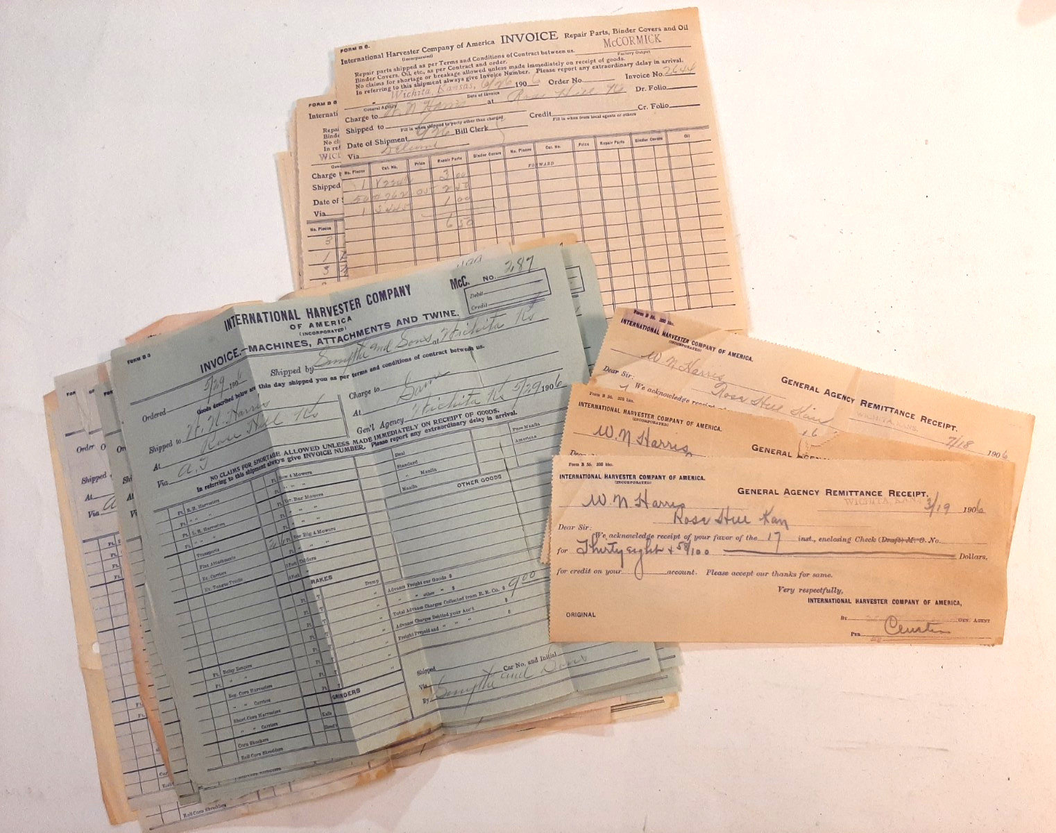 1906  International Harvester Co Invoices & Receipts Lot/30 pcs Wichita Kansas