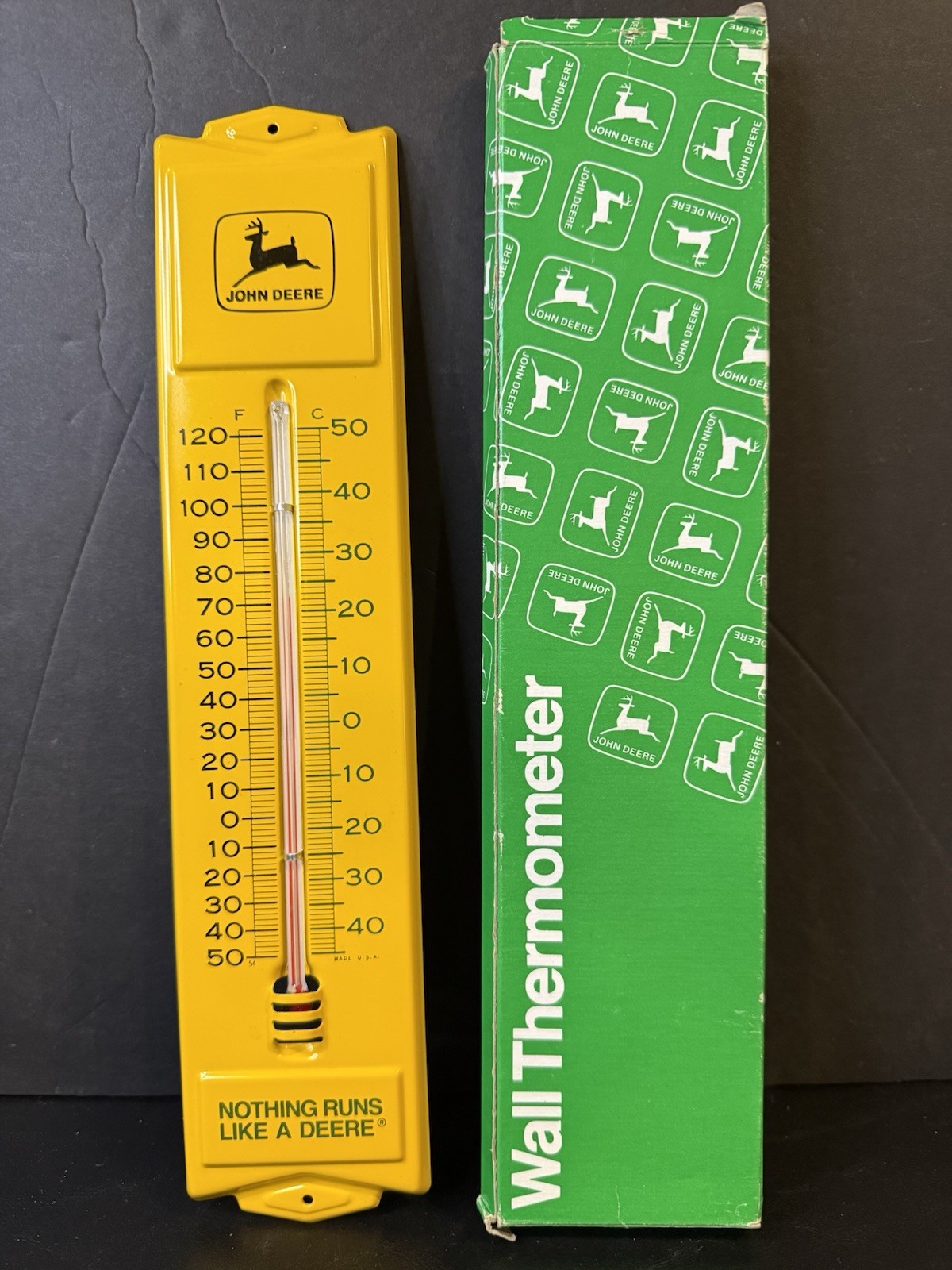 New Box Vintage John Deere Wall Thermometer OBM-381 Yellow Metal 13” Runs Like A
