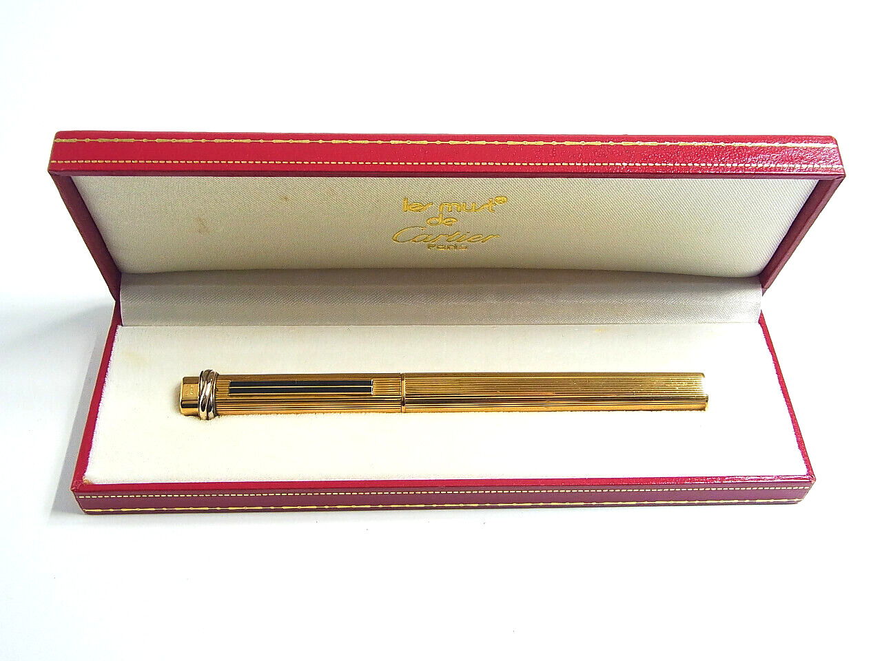 Vintage Cartier Ballpoint Pen Trinity Vendome Gold Plated Black Clip w/Box