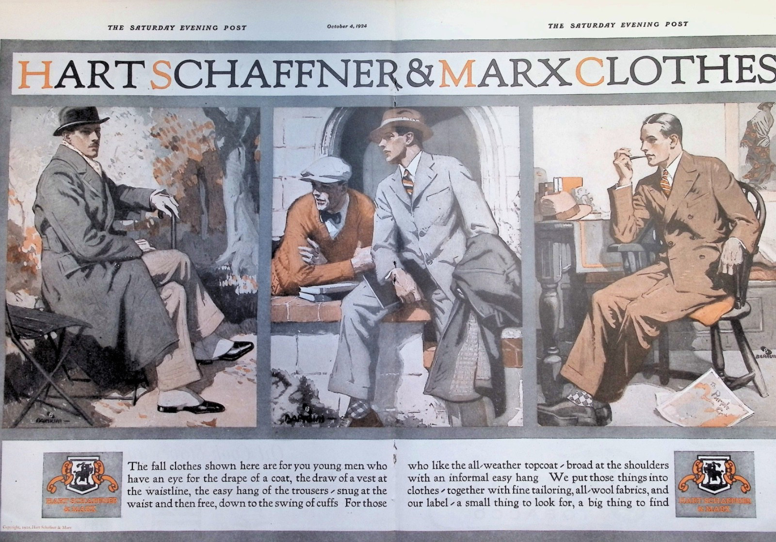 Original 1924 Hart Schaffner & Marx Ad: Mens Fall Suits Topcoats Golf Fashion Ar
