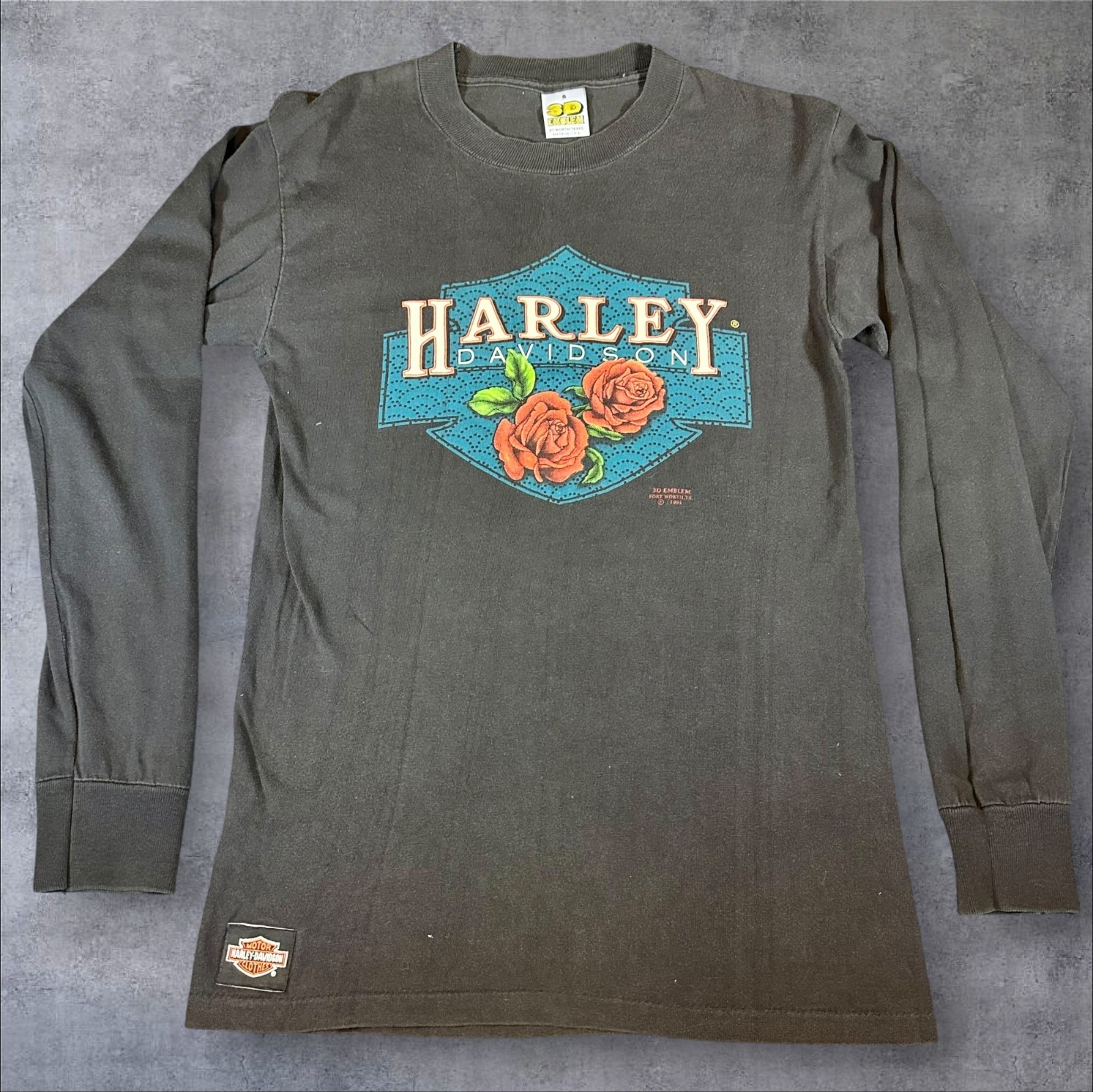 Vtg. 1991 HARLEY-DAVIDSON, 3D Emblem, Black Long Sleeve, Boston; Size: Small