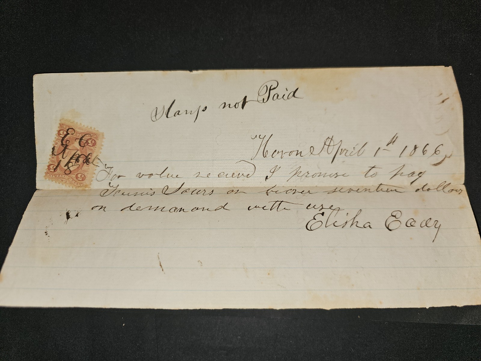 1866 Civil War Era Promissory Note w/ 5¢ Revenue Stamp “Stamp Not Paid” Cady