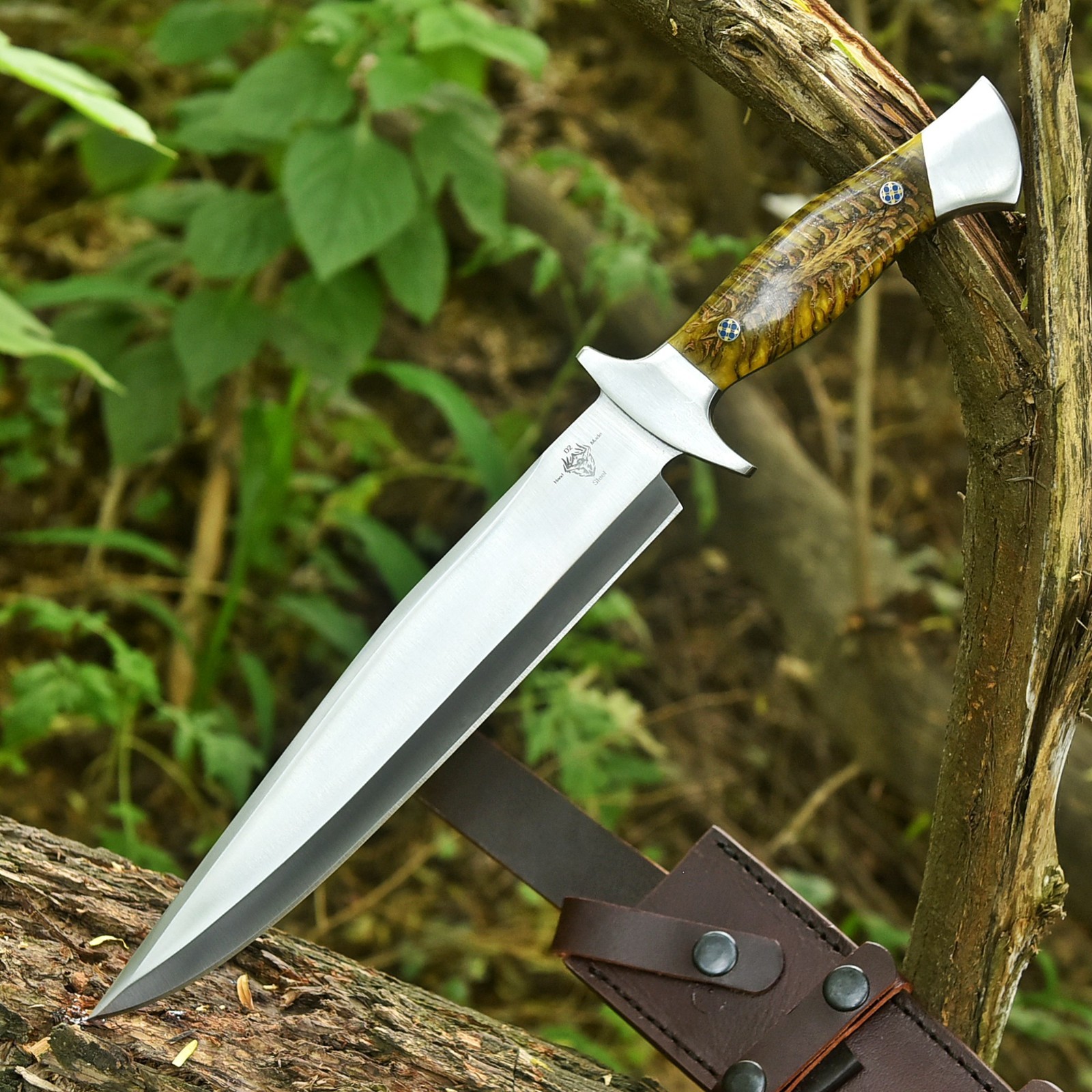 Handmade D2 Custom Blue Pine CONE Large Hunting Bowie Camping Sport  Knife