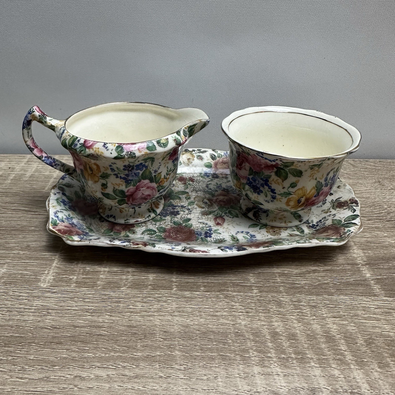 James Kent Rosalynde Chintz Creamer Sugar Bowl Tray Set England READ
