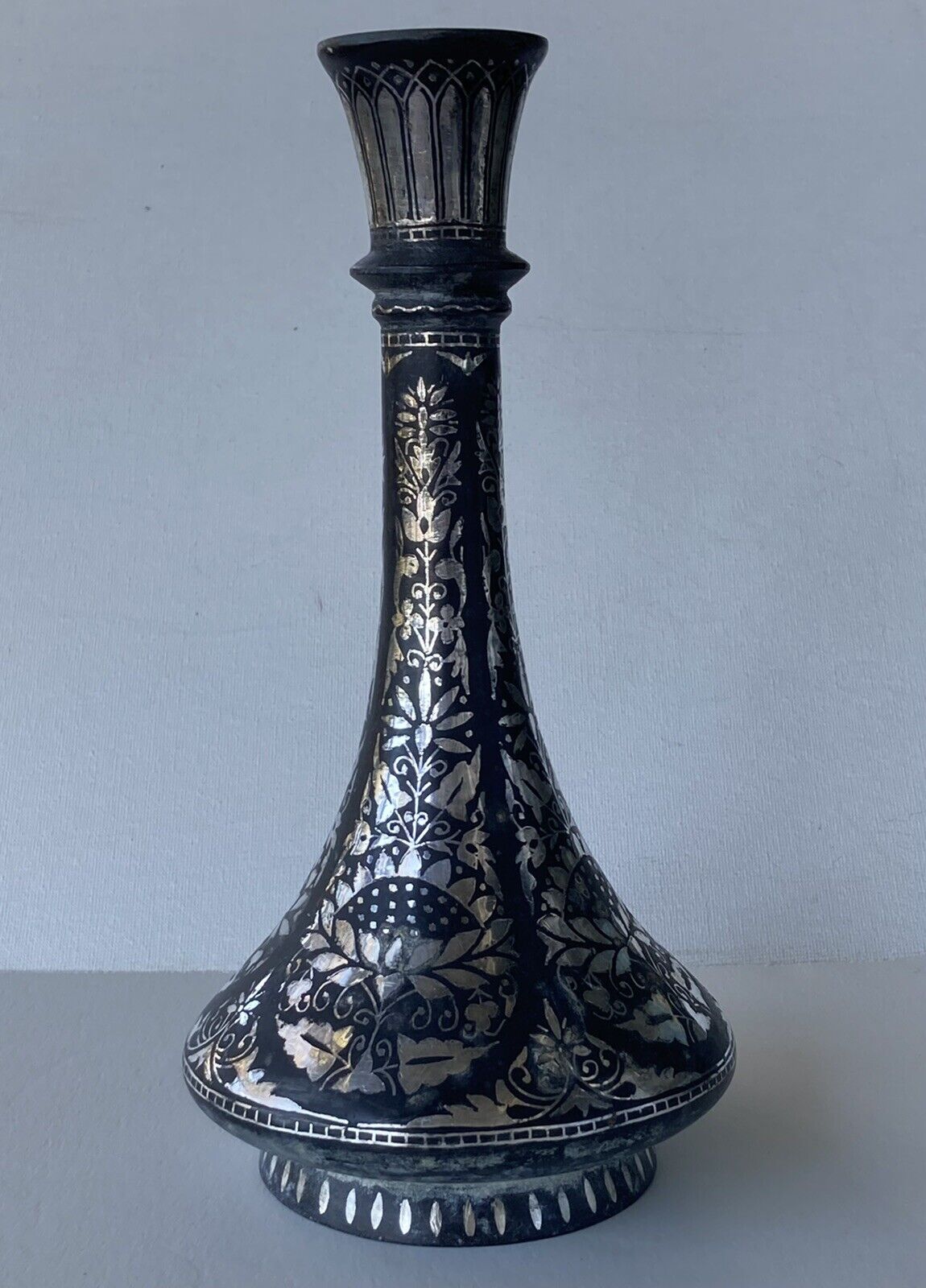 Vintage Hand Crafted, Silver Inlaid Bidriware  Flower Vase/ Home Decor