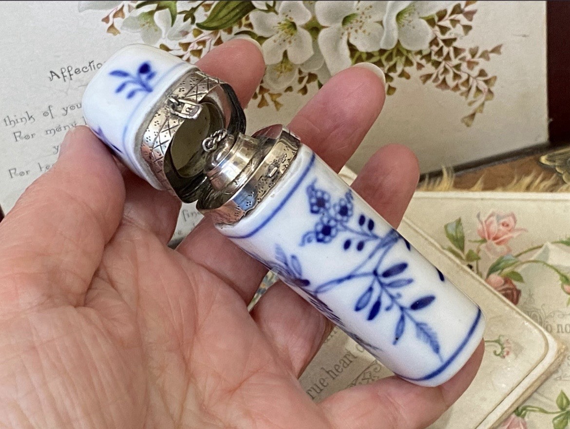 Antique Victorian blue and white porcelain perfume/scent bottle + silver mounts.
